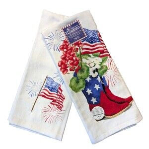 Kay Dee USA Flag Patriotic Boots Kitchen Towels Red Floral 2-Pc Cotton Gift NEW